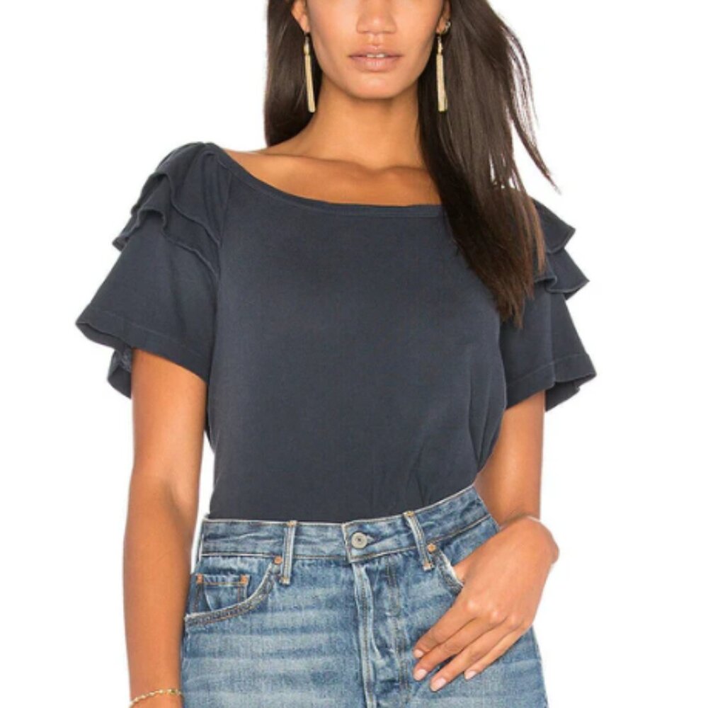 Current/Elliott Blue Double Ruffle Cotton Scoop Neck Tee Shirt Womens Large